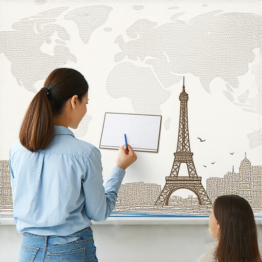 一對一外籍英文老師在教學中，學生專注於學習英語，背景為澳門和巴黎的城市景觀，彰顯流利英語的學習旅程。