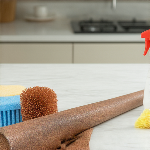 水管上顯示明顯的鏽跡，旁邊擺放著除鏽劑和清潔用具，背景是整潔的家庭廚房，展示了水管除鏽的終極秘訣，讓鏽跡不再煩惱。