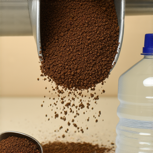 咖啡渣被倒入水管中，旁邊有一個小鬥和一瓶清水，展示意想不到的解決方案，強調咖啡渣能有效化解水管堵塞的特性，提升家庭清潔小妙招的形象。