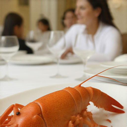 解密龍蝦的優雅餐桌場景，一位外籍老師指導學生在學習英文時增強自信，學生專注聆聽，背景是美味龍蝦料理，展現學習的樂趣與實用性。
