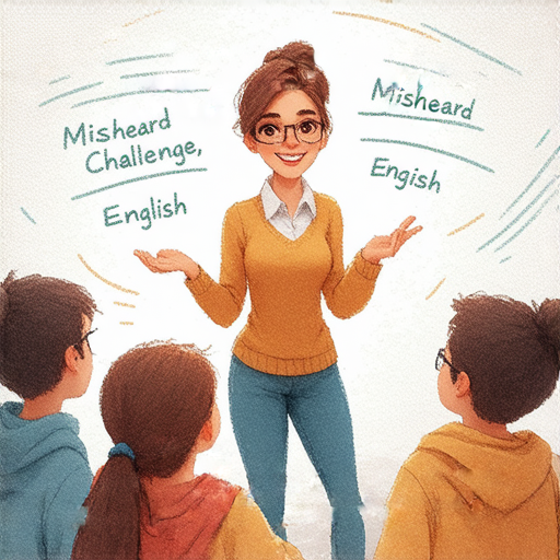 外籍老師與學生互動，挑戰聽錯英文的樂趣，展現輕鬆的學習氛圍，學生讚嘆的表情，學習英文變得更有趣，提高語言技能的活動，鼓勵參與與互動。