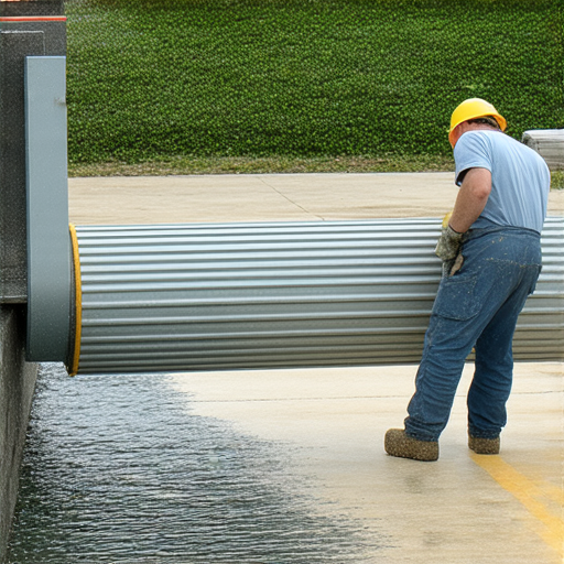 安裝防水閘門的過程，工人仔細調整位置，確保密封性能完美，周圍環境整齊，工具和材料一應俱全，讓家屋安全無憂，撇清水災風險。