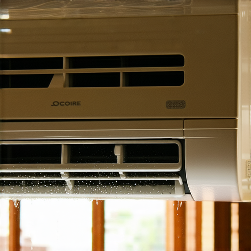 室內冷氣滴水的現象，顯示冷氣機上有水珠凝結，強調冷氣故障的原因與解決方案，背景為居家環境。