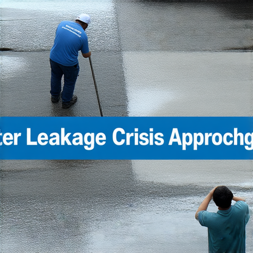 滲水危機風險警示圖片，展示居民檢查牆壁和地板的情況，提醒檢查家庭是否受到滲水影響，標題為滲水危機即將來臨，強調注意乾燥和防漏。