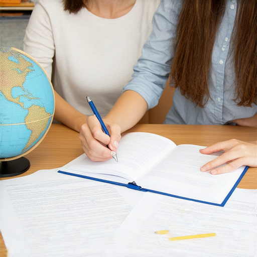 一位外籍老師正在進行一對一的英語教學，學生專心聆聽，桌上有清關流程的相關資料，象徵掌握商機的學習環境。