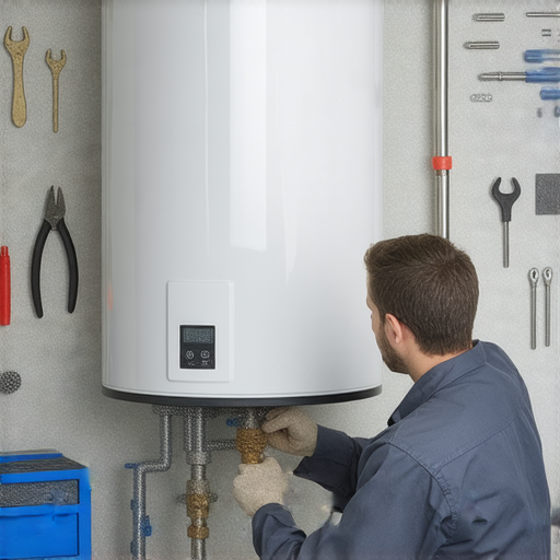 電熱水爐故障維修圖，技術人員正在檢查電熱水爐，工具齊全，解決熱水問題的過程，揭示其維修祕訣，幫助用戶排除故障，恢復熱水使用。