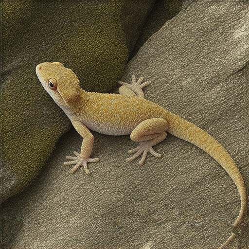 西藏壁虎在高原環境中生存的生態特徵，展示其適應能力和獨特的外觀，環繞著岩石和苔蘚，體現西藏高原的自然美景。