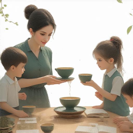 一位外籍老師正在教授學生品嚐烏龍茶，學生專注聆聽，茶葉香氣彌漫，場景中包含茶具和書本，充分展示學習英文和茶藝的結合。