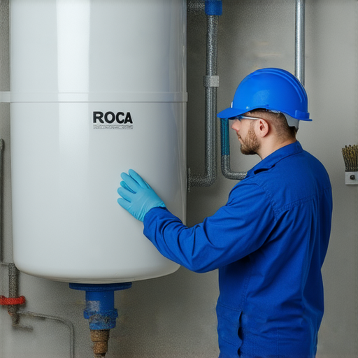 Roca水箱維修過程中的專業技術人員，正在仔細檢查和保養水箱設備，確保其正常運作，揭示水箱維修的祕密及保養技巧，提升使用者的維護知識。