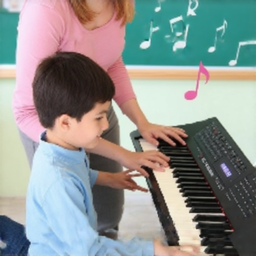 外籍老師一對一教學，學生興奮地練習電子琴，專注學習音樂技巧，掌握電子琴的秘訣，提升音樂技能，專業指導促進學習進步。