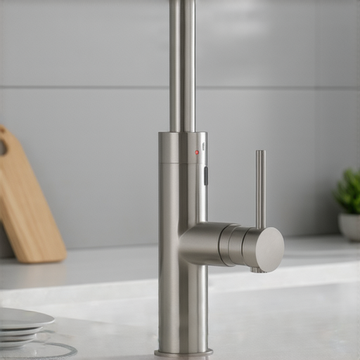 感應水龍頭展示，家庭廚房環境，提升生活品質的現代設計，無需手動操作，減少細菌傳播，便捷實用的選擇，取代傳統水龍頭，體現科技與生活的結合。