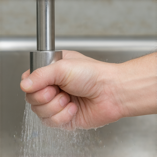 水龍頭無法拉起來的情景，手正在嘗試拉起水龍頭，背景有水槽和水管，揭示問題的真相和解決辦法，讓人驚訝的維修技巧和建議。