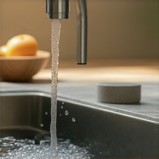 電熱水龍頭特寫圖，流動的熱水從龍頭中湧出，展現出便捷的熱水使用體驗，背景模糊的廚房環境，強調隨手可得的熱水魅力，解鎖冬季的舒適生活。