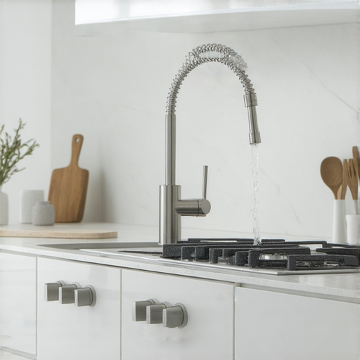 煥然一新的廚房內景，中央設有espring鵝頸水龍頭，水流清晰可見，彰顯其現代設計與實用性，讓烹飪過程輕鬆無比，提升廚房功能性。