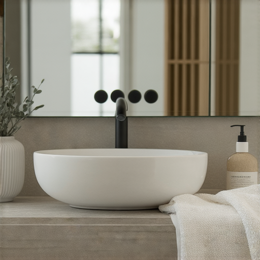 展示一個現代水安裝星盆的家庭浴室設計，搭配時尚的水龍頭和精緻的配件，提升居家生活品質，展現水安裝星盆的美感與功能性，讓居家環境更加舒適。