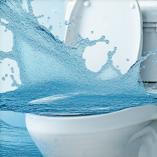 馬桶水倒灌的情景，展示驚人的水流現象，顯示出廁所防水設施的不足，提醒人們檢查家中廁所的安全性和排水系統的可靠性，保障家庭衛生環境。