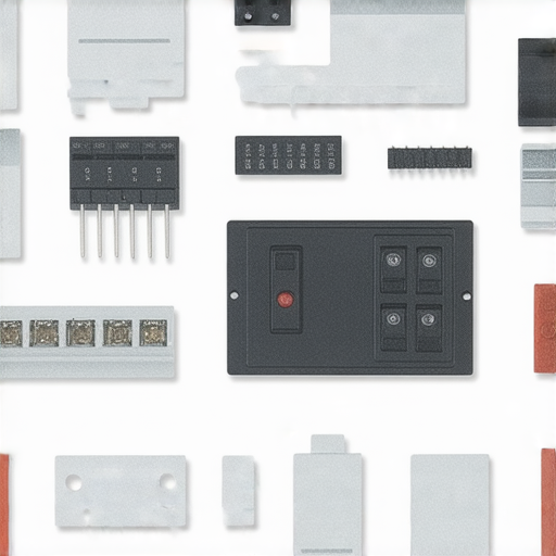 揭開電箱配件的神秘面紗的圖示，展示各種電箱配件，包括開關、接線端子、保險絲及固定裝置，幫助用戶輕鬆選擇完美電箱，提升電力系統效率多元化解決方案。
