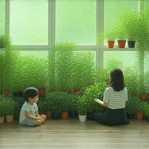 發現盆栽的奧秘，外籍老師一對一教學，提升植物知識與英文能力，學員專注於植物和語言學習的互動場景，充滿綠意的教室與學習氛圍。