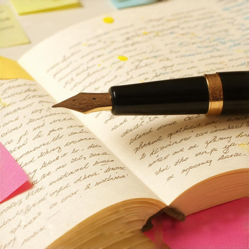 沾水筆躺在開放的筆記本上，周圍是英文寫作的草稿和思考過程的筆記，展示如何用沾水筆提升英文寫作技巧，釋放創意的價值。