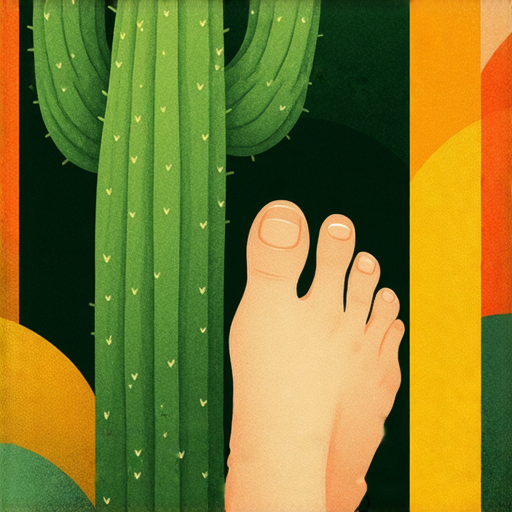 仙人掌與腳掌之間的奇妙連結，展示仙人掌的獨特外形與腳掌的細緻紋理，色彩鮮豔，強調兩者在自然界中的共生關係與生態價值。