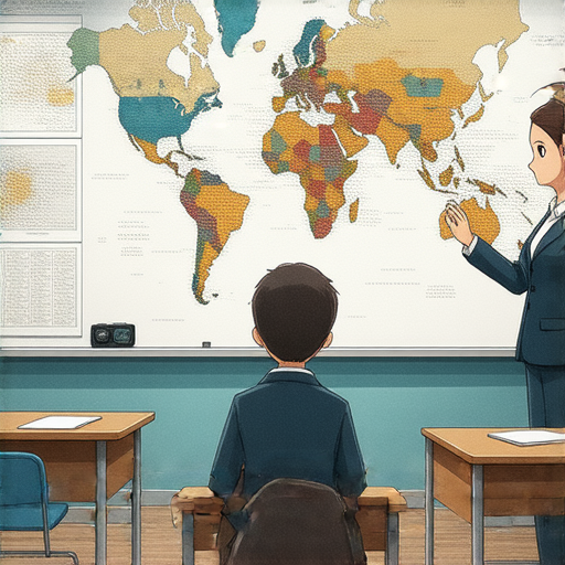 掌握特務英語的課堂場景，一位外籍老師與學生進行一對一教學，學生專注學習，開啟特工之路的旅程，背景有特務相關的學習資料和道具。