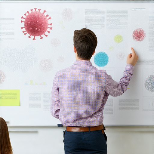 外籍英文老師正在進行一對一教學，學生專注聆聽，課堂上展示病毒相關的科學知識，強調快速掌握學習重點，促進對病毒之謎的理解與探索。