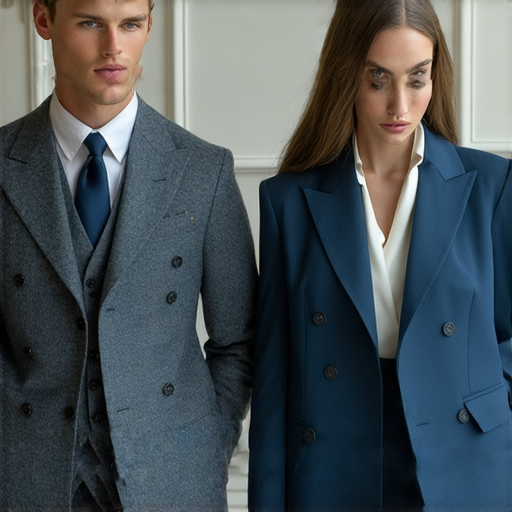 男性及女性穿著西裝，觀看教學示範如何正確安裝西裝，展現魅力與自信，背景為時尚的室內擺設，突出西裝的剪裁與搭配技巧。