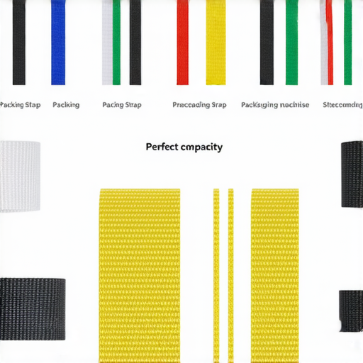 打包帶與打包機的價格與技巧介紹圖，展示各種打包帶的材質與顏色，搭配不同型號的打包機，強調完美搭配的重要性，適合物流與包裝行業參考。