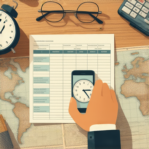 揭曉預計到達時間如何影響旅行計劃的圖片，展示旅客在仔細檢查行程表和交通工具，帶出時間管理在旅行中的重要性和驚人秘密。