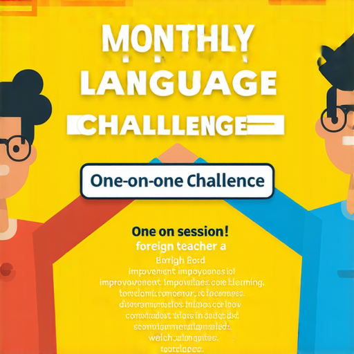 每月一次的語言挑戰海報，展示外籍老師一對一課程，強調提升英文能力，背景色彩明亮，配有學習圖標和動態的表達，吸引讀者參加課程。
