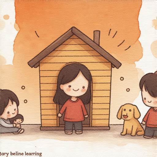 狗屋背後的故事插圖，展示寵物與英文學習的奇妙聯繫，一位外籍老師與學生互動，體驗一對一教學的情境，強調寵物在學習過程中的重要角色。