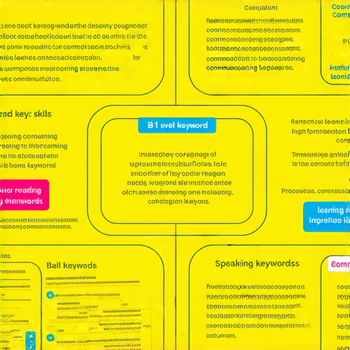 提升閱讀與口語技巧的圖示，展示B1級關鍵字的學習過程，旨在幫助學習者提高溝通流暢度，強調關鍵字的掌握和應用。