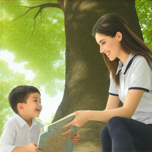 樹幹的秘密，學生與外籍老師一對一學習英語，開啟語言冒險的場景，展示互動學習的愉悅氣氛，促進語言技能提升，讓學習變得生動有趣。