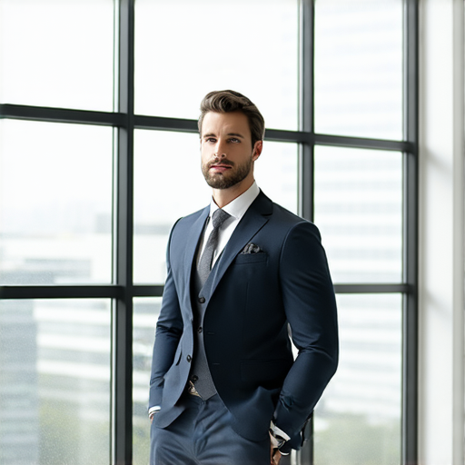 專業人士穿著合身西裝，站在明亮的辦公室內，展示自信姿態，強調安裝與西裝的技巧，提升專業形象，吸引注意，傳遞職場優雅與專業風範。