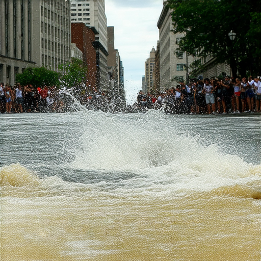 又一城漏水現場的照片，滲漏水流淌在街道上，周圍驚訝的路人觀望，揭示背後隱藏的真相，令人震驚的故事等著你來發現。