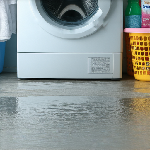 滾筒洗衣機底部漏水的情況，顯示漏水點和周圍環境，解釋不為人知的原因與解決秘訣，讓使用者了解如何修復洗衣機漏水問題。