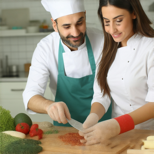 學員與外籍老師在廚房互動，學習做美味料理的過程中提升英文能力，桌上擺放新鮮食材與廚具，展現一對一教學的生動場景。