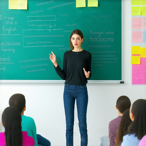 外籍老師教學場景，強調學英文的禁忌和避免的5大錯誤，學生專心聆聽，教室背景，提升英語學習效果和自信心，揭開外語學習的重要觀點與技巧。