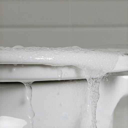 坐廁底部滲水的驚人真相，圖片展示廁所底部滲水現象的特寫，水滴清晰可見。揭示可能的原因，包括管道老化和密封不良等，提醒使用者注意。