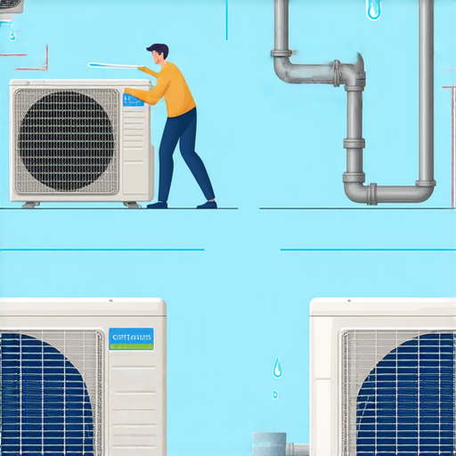 樓上冷氣滴水問題的解決步驟示意圖，顯示檢查排水管、清潔濾網和檢查冷凝水箱的過程，幫助用戶快速處理冷氣滴水情況。