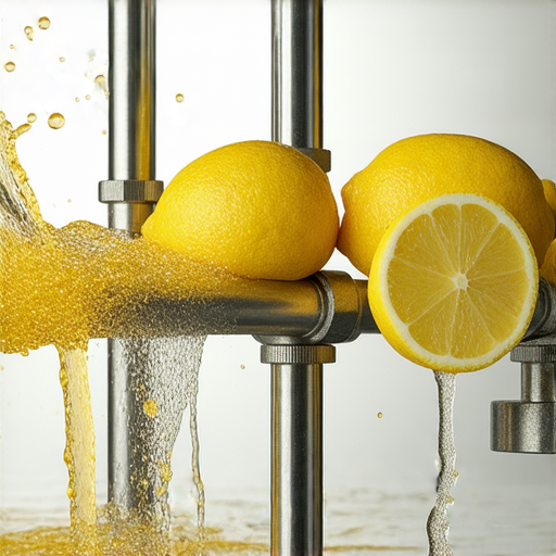 檸檬汁倒入熱水器水管的畫面，展示如何利用天然成分提高熱水器效率，省錢又環保，強調檸檬汁的清潔效果與環保理念。