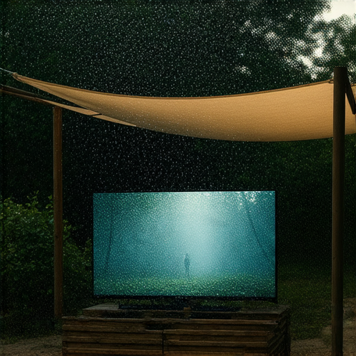 防水電視在雨天的使用技巧，展示戶外防水電視安裝於花園，旁邊有雨水流下，享受雨中觀影樂趣，強調防水特性及戶外娛樂。