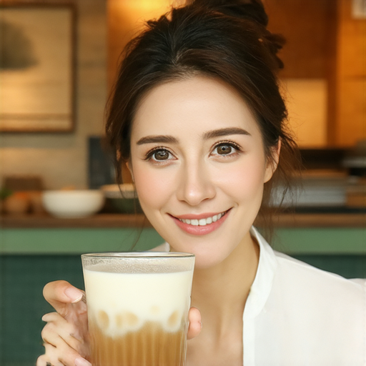 一杯絲襪奶茶旁邊的外籍老師，展示如何用英文輕鬆交流，背景有茶餐廳的裝飾，傳遞文化交流的樂趣，彰顯飲品與語言學習的連結。