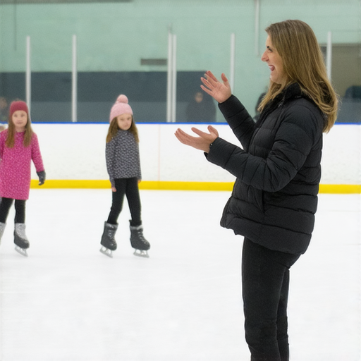 外籍英文老師在溜冰場指導學生，教導溜冰技巧，學生專注學習，提升自信，展現溜冰動作，背景為溜冰場，適合所有想學習溜冰的人士。