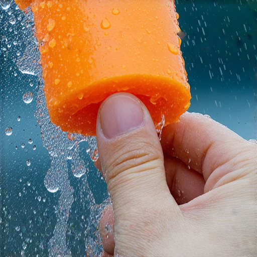 揭示防水泡劑的效果，一個手持產品的近距離拍攝，背景顯示水珠在物品表面滾動，展現超強防水能力，讓物品瞬間獲得保護的視覺效果。