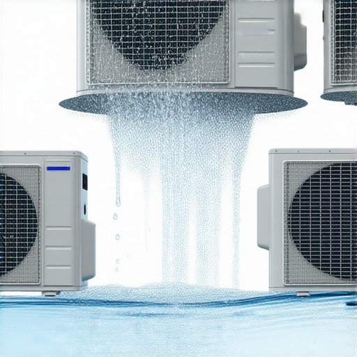 室內外機器滴水的過程，展示水珠從機器表面流下，背後解釋滴水原因的圖解，讓讀者了解空調、冷卻系統的運作原理及常見問題，提升對設備維護的認識。