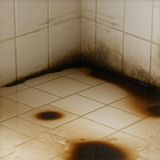 滲水坐廁真相的可怕場景，水漬擴散於廁所地面，牆面上也出現霉斑，環境衛生堪憂，揭示了衛生間漏水的危害，讓人對衛生間保養產生警覺。