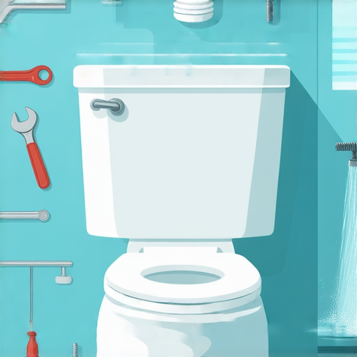 水箱馬桶故障的圖片，展示五個解決方法，包含維修工具、水流通暢的示意，強調水流自由無阻，助您輕鬆修復馬桶問題，確保衛生間正常運作。