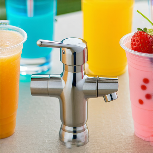 越南水龍頭特寫，展示其多樣化用途，旁邊擺放著各式飲料和運動器材，突顯出水龍頭在日常生活中的重要性，體現創新的飲水解決方案。