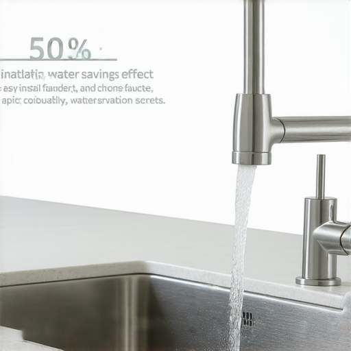 水龍頭分流器展示圖，輕鬆安裝，顯示節省50%水費的效果，適合家庭使用，讓您輕鬆減少水費支出，環保又省錢，發現這個節水秘密！